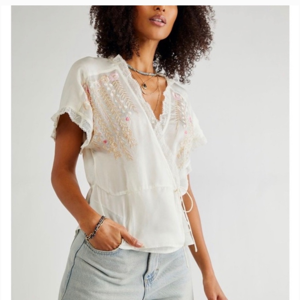 Free People Renee Embroidered Wrap Top M